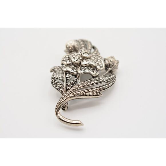 KJL Avon Vintage Flower Pin Brooch Silver Rhinestone Crystal Pearl Signed Bin5B - Picture 5 of 12